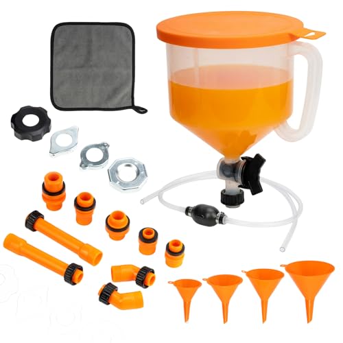23 Pcs No-Spill Coolant Funnel Kit and Siphon Hose Pump | Universal Radiator Burping Funnel with Adapters, Extensions, PVC Hose, Engine Oil Funnels, Towel