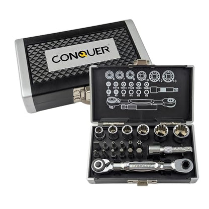 CONQUER 21-Piece 1/4" Drive Mini Ratchet Spline Socket Set, SAE/Metric | 72-Tooth Dual Head Ratchet, Quick Release & Spin Disc, CR-V Spline Sockets 6-13mm, S2 Bits, Knurled Grip, Portable Kit - style: 21 PC Spline Socket Set
