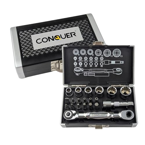 CONQUER 21-Piece 1/4" Drive Mini Ratchet Spline Socket Set, SAE/Metric | 72-Tooth Dual Head Ratchet, Quick Release & Spin Disc, CR-V Spline Sockets 6-13mm, S2 Bits, Knurled Grip, Portable Kit - style: 21 PC Spline Socket Set