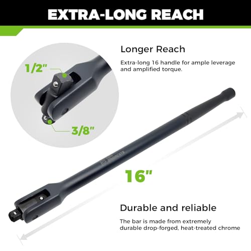 16in Dual Drive Breaker Bar 3/8 & 1/2 Swivel Head Cr-V Steel Black Coat | Spring detent ball, 360° rotating head, loosens rusted vehicle bolts, suitable for daily auto maintenance work - size: 16" Dual Drive