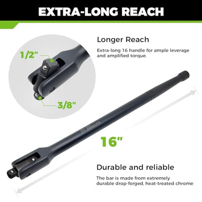 16in Dual Drive Breaker Bar 3/8 & 1/2 Swivel Head Cr-V Steel Black Coat | Spring detent ball, 360° rotating head, loosens rusted vehicle bolts, suitable for daily auto maintenance work - size: 16" Dual Drive