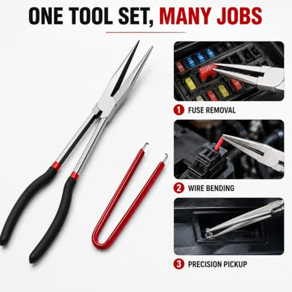 11-Inch Extra Long Needle Nose Pliers with Fuse Puller, Long Reach Heavy Duty Cr-V Steel, Non-Slip TPR Grip, Wire Cutter, for Electrician, Automotive Repair, Jewelry Making, Electronics, 3D Printing