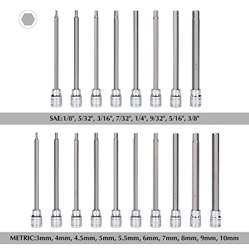 EMENTOL 18PCS 3/8" Drive Long Hex Bit Socket Set, CR-V, S2 Steel, SAE/Metric, Extra Long Allen Hex Bit Socket Set, 1/8 Inch - 3/8 Inch, 3mm - 10mm - size: 18 PCS (1/8 Inch - 3/8 Inch, 3mm - 10mm)
