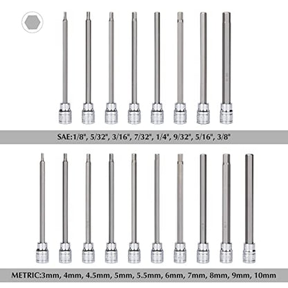 EMENTOL 18PCS 3/8" Drive Long Hex Bit Socket Set, CR-V, S2 Steel, SAE/Metric, Extra Long Allen Hex Bit Socket Set, 1/8 Inch - 3/8 Inch, 3mm - 10mm - size: 18 PCS (1/8 Inch - 3/8 Inch, 3mm - 10mm)