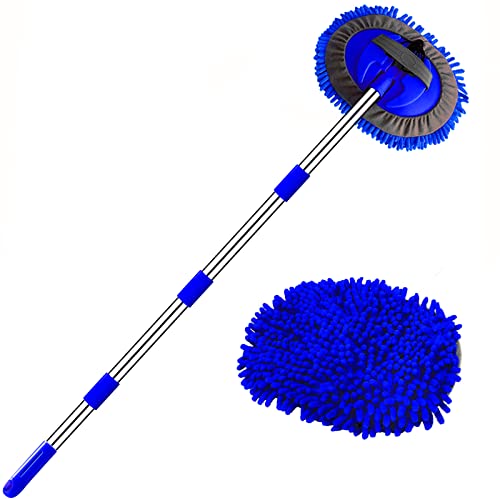WillingHeart 63" Car Wash Mop Brush Tool Mitt with Long Handle Length More Suitable for Washing American Cars Truck, SUV, RV, Trailer, 2 in 1 Chenille Microfiber Duster Not Hurt Paint Scratch Free - color: Blue