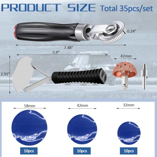 Tire Repair Patch Kit Heavy Duty, 35pcs Tire Repair Tools 42mm Tire Buffing Wheel 32/42/58mm Tire Patches with Tire Patch Roller Inner Liner Scraper for Car Motorcycle Bike Tractors Grinding