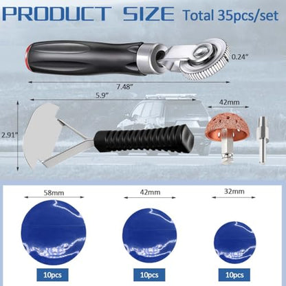Tire Repair Patch Kit Heavy Duty, 35pcs Tire Repair Tools 42mm Tire Buffing Wheel 32/42/58mm Tire Patches with Tire Patch Roller Inner Liner Scraper for Car Motorcycle Bike Tractors Grinding