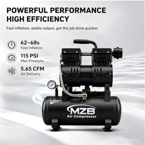 MZB 2.4 Gallon 1.0HP Ultra Quiet Air Compressor 110V/60Hz 5.65CFM, MAX 115PSI Steel Tanks Oil-Free 65 dB Noise Level Air Compressor for Spray Painting, Auto Repair, Carpentry Decoration - size: MZB-750H-9