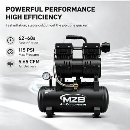 MZB 2.4 Gallon 1.0HP Ultra Quiet Air Compressor 110V/60Hz 5.65CFM, MAX 115PSI Steel Tanks Oil-Free 65 dB Noise Level Air Compressor for Spray Painting, Auto Repair, Carpentry Decoration - size: MZB-750H-9