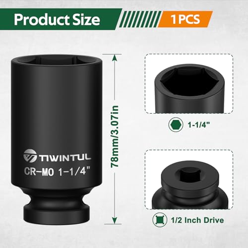 1-1/4" Deep Impact Socket 1/2 Inch Drive for Semi-Truck and Large Vehicle | CR-MO Steel Impact Socket, 3.07" Length, 6 Point Design, SAE Size, Axle Nut Socket for Easy Removal of Axle Shaft Nuts - size: 1-1/4" (Deep)