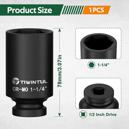 1-1/4" Deep Impact Socket 1/2 Inch Drive for Semi-Truck and Large Vehicle | CR-MO Steel Impact Socket, 3.07" Length, 6 Point Design, SAE Size, Axle Nut Socket for Easy Removal of Axle Shaft Nuts - size: 1-1/4" (Deep)
