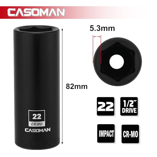 CASOMAN 1/2-Inch Drive x 22mm Deep Impact Socket, 6-Point, Metric, CR-MO - size: 22 mm (Deep), style: 6-Point Socket