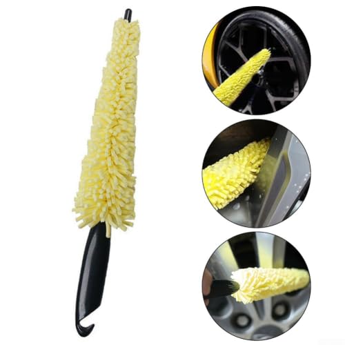 Car Wheel Brush Soft Bristle Rim Cleaner Tool for Tire Washing - Flexible Sponge Head Removes Brake Dust on SUV Truck - 35cm Yellow