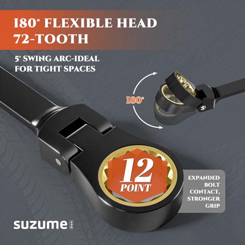 SUZUME Extra Long Flex Head Ratcheting Wrench 17-19mm Metric Double Box End 180° Flexible Head 72-Tooth 15K Gear Tested CR-V Steel Black Chrome Finish For Suspension Heavy Equipment & DIY - size: 17-19mm