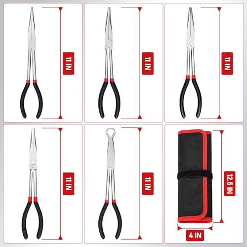 11 Inch 5Pcs Extra Long Needle Nose Pliers Set to Precision Work | Straight and 25°/45°/90°Bent, Circle Nose, Multi-Angle Tips for Tight Access, Long Nose Pliers for Narrow Spaces