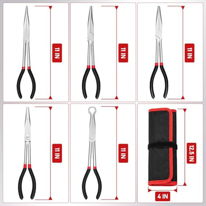 11 Inch 5Pcs Extra Long Needle Nose Pliers Set to Precision Work | Straight and 25°/45°/90°Bent, Circle Nose, Multi-Angle Tips for Tight Access, Long Nose Pliers for Narrow Spaces