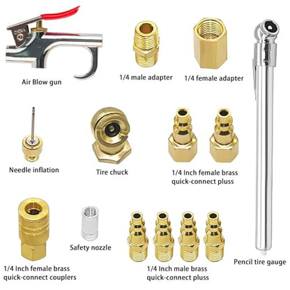 Air Blow Gun Accessory Kit, 14 Piece Air Compressor Tools Kit, with 1/4" NPT Quick Connect Coupler & Plug/Tire Air Chucks/Tire Gauge/Air Nozzles/Air Hose Fittings, Pneumatic Tools Set
