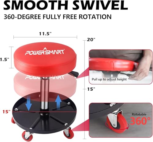 PowerSmart Rolling Mechanics Seat, 300 LBS Capacity Heavy-Duty Pneumatic Adjustable Garage Stool with Tool Tray Storage
