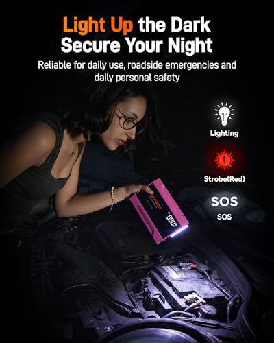 WOLFBOX 2000A Jump Starter with Air Compressor, 37Wh Car Battery Booster Jumper Starter Portable(up to 5L Gas Engine), 12V Jump Box Pack with 150PSI Tire Inflator, Jumper Cables, LED Light — Hot Pink - color: Hot Pink