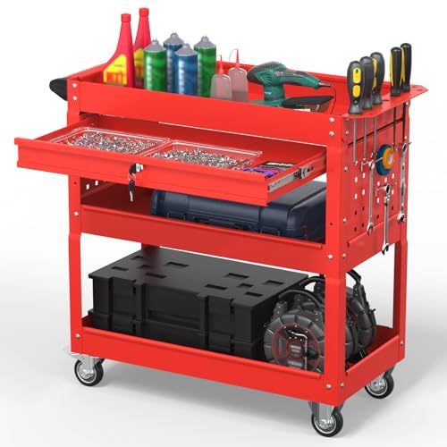 3 Tier Rolling Tool Cart on Wheels, 550 LBS Tool Cart with Drawers，Heavy Duty Utility Cart with Pegboard and Hook，Mechanic Tool Storage Cart for Garage, Warehouse and Repair Shop(Red) - color: Red