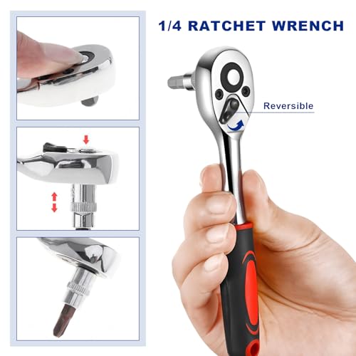 46PCS 1/4 Inch Car Repair Tool Set, Metric Socket Ratchet Wrench Set with Extension Bars & Bits, Quick-Release Ratchet Combination Tools Kit for Auto Repairing & Household