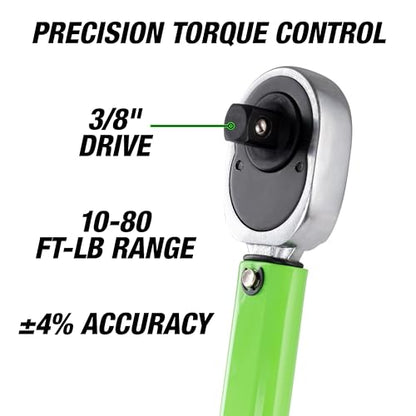 OEMTOOLS 25694 3/8” Drive Click-Style Torque Wrench | Green | 14.5” Long | 10-80 Ft-Lb (13.558-108.47 Nm) | Accurate to +/- 4% | Knurled Handle for a Secure Grip | Clicks at Desired Torque - size: 3/8" Dr. 10-80 Ft/Lbs