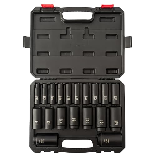 SUNEX TOOLS 2641, 1/2 Inch Drive Deep Impact Socket Set, 19-Piece, SAE, 3/8" - 1-1/2", Cr-Mo Alloy Steel, Radius Corner Design, Dual Size Markings, Heavy Duty Storage Case