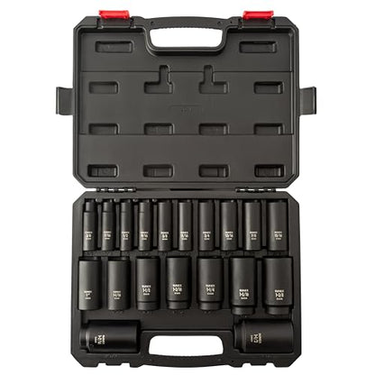 SUNEX TOOLS 2641, 1/2 Inch Drive Deep Impact Socket Set, 19-Piece, SAE, 3/8" - 1-1/2", Cr-Mo Alloy Steel, Radius Corner Design, Dual Size Markings, Heavy Duty Storage Case