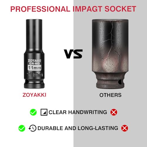 11mm Socket 1/2" Drive Deep 6 Pt CR-MO Metric Impact Socket for Axle Shaft Nut Removal - size: 11mm, style: 1/2" Drive Deep