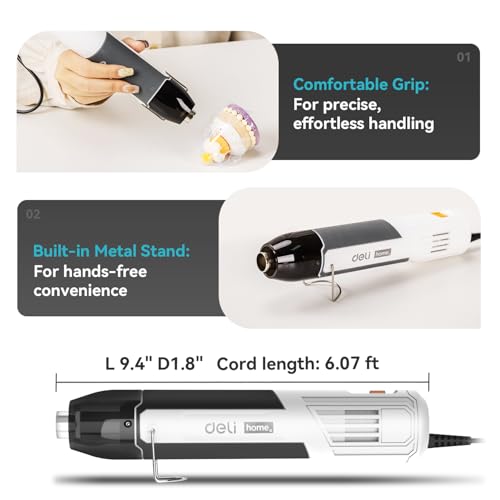 DELI Mini Heat Gun, 350W Dual Temp 500℉/842℉ (260℃/450℃) with Reflector & Extra Nozzles, 6 FT Cable, Overload Protection – for Crafting, Vinyl Wrap, Epoxy, Resin, Shrink Tubing - color: White