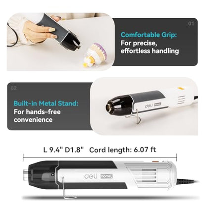 DELI Mini Heat Gun, 350W Dual Temp 500℉/842℉ (260℃/450℃) with Reflector & Extra Nozzles, 6 FT Cable, Overload Protection – for Crafting, Vinyl Wrap, Epoxy, Resin, Shrink Tubing - color: White