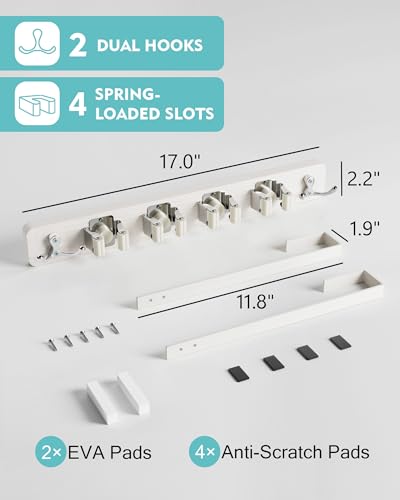 Mop and Broom Holder Wall Mount, No Drill Over the Door Broom and Mop Holder with 4 Slots and 4 Hooks, Wood Tool Hanger for Laundry, Cabinet, Kitchen, Garage - color: White