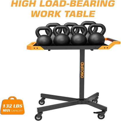 Mobile Work Table, Adjustable Height Workbench with Wheels, Orange | Heavy Duty, 8 Adjustable Height Settings, Drills Storage, 4 Wheels (2 locking), for Garage, Workshop, Bike Repair, Car Repair