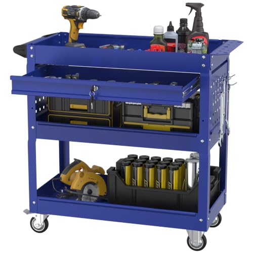 3 Tier Rolling Cart, Heavy Duty Utility Industrial Service Carts on Wheels, Metal Tool Cart with Locked Drawers, Ideal for Garage, Warehouse and Repair Shop（Blue） - color: Blue