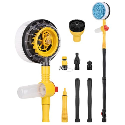 Rotating Car Wash Brush with Hose Attachment, Car Wash Brush with Long Handle & Soap Dispenser, Water-Powered 360° Spin Wash Brush Kit with Spray Gun & 5-Pattern Nozzle for Cars, RVs, Trucks