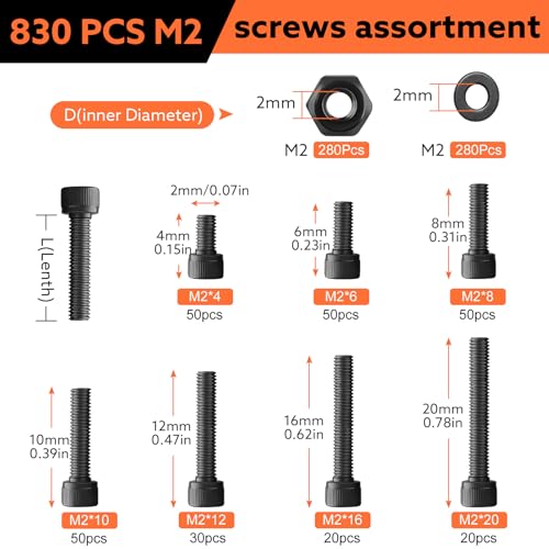 830 Pcs M2 Screws Kit Metric Bolts Kit M2*4mm/6mm/8mm/10mm/12mm/16mm/20mm Machine Screw Kit, 12.9 Alloy Steel Black Zinc Plated Hex Socket Head Screws Nuts Bolts and Washers Set - color: Black, size: M2x4-20mm 830Pcs