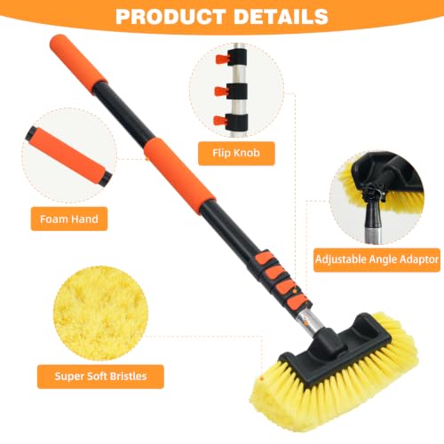12FT Car Wash Brush with Long Handle Telescoping Extension Pole Angle Adapter with 12" Soft and Hard Bristle Scratch-Free for Cleaning Car Truck RV House Floor Window Roof Solar Panels - size: 12 FT