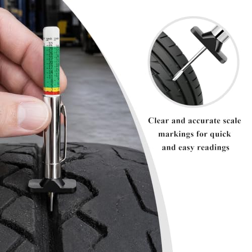 2 PCS Car Tire Tread Depth Gauge, Accurate Color-Coded Tire Tread Depth Measurement Tool with Pocket Clip, 32nds Scale Professional Tyre Wear Checker for Cars Trucks Motorcycles