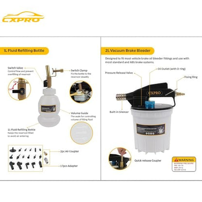 24PCS Brake Bleeder Kit, Vacuum Brake Bleeder Kit | 2L Brake Fluid Extractor and 1L Refilling Bottle, Pressure Clutch Bleeder Kit with 19 Adapters