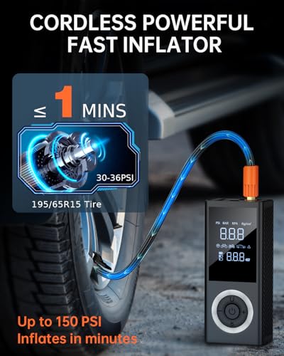 Tire Inflator Portable Air Compressor, 150 PSI Smart Air Pump for Car Tires with Digital Pressure Gauge, LED Light, 12V Car Power Adapter, Storage Box