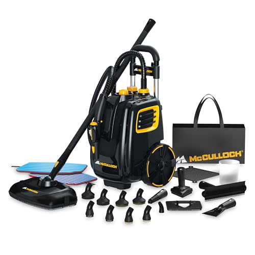 McCulloch MC1385 Deluxe Canister Steam Cleaner, 2-Hour Runtime, Chemical-Free, 23 Accessories: Mop Head, Brushes & More - Built for Home, Tile, Carpet, Furniture, & Personal Car Detailing - size: MC1385
