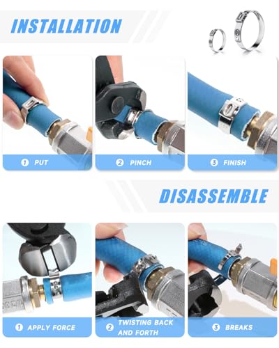 Single Ear Hose Clamp Kit, 210 Pcs, 12 Sizes 6-36.1mm (1/4"-1.4") | 304 Stainless Steel, With Pincer Tool, Fuel Line Clamps, For Automotive, Pneumatic, Garden Hose, Kegerator, PEX, Dishwasher - size: 12 Sizes (6-36.1 mm) with Pincer