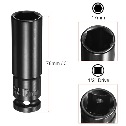 HARFINGTON Deep 6-Point Impact Socket 1/2" Drive 17mm Metric Socket 3" Length with 1/4" Hex Shank Adapter, CR-V Steel Socket Adapter Accessory Tool Set Kit for Hex Bolts Nuts - size: 17mm