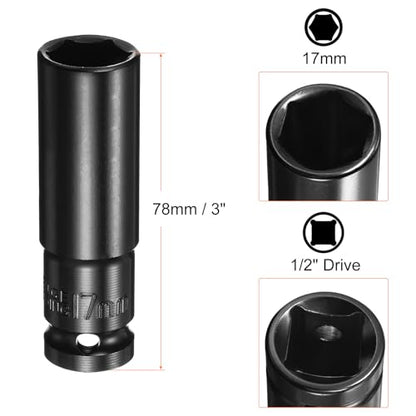 HARFINGTON Deep 6-Point Impact Socket 1/2" Drive 17mm Metric Socket 3" Length with 1/4" Hex Shank Adapter, CR-V Steel Socket Adapter Accessory Tool Set Kit for Hex Bolts Nuts - size: 17mm