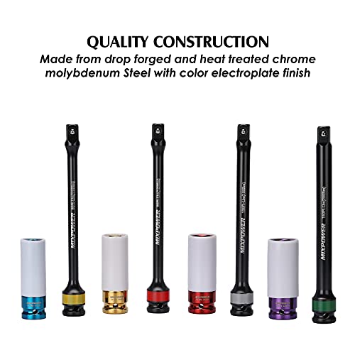 MIXPOWER 1/2-inch Drive Wheel Protector Impact Socket& 8 inch Coded Torque Limiting Socket Extension Bar 8pcs Tire Deep Socket Set, Color-Coded, 80 to 150 Ft-Lbs (110-200 Nm)