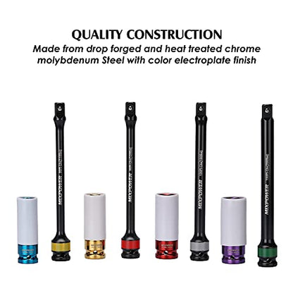 MIXPOWER 1/2-inch Drive Wheel Protector Impact Socket& 8 inch Coded Torque Limiting Socket Extension Bar 8pcs Tire Deep Socket Set, Color-Coded, 80 to 150 Ft-Lbs (110-200 Nm)