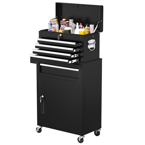 Greenvelly Tool Chest, 5-Drawer Rolling Tool Chest with Hooks and Lockable Wheels, Detachable Top Tool Box, Toolbox with Wheels, Rolling Tool Box for Mechanics Garage Workshop and Tool Room (Black) - color: Black, size: 5 Drawers