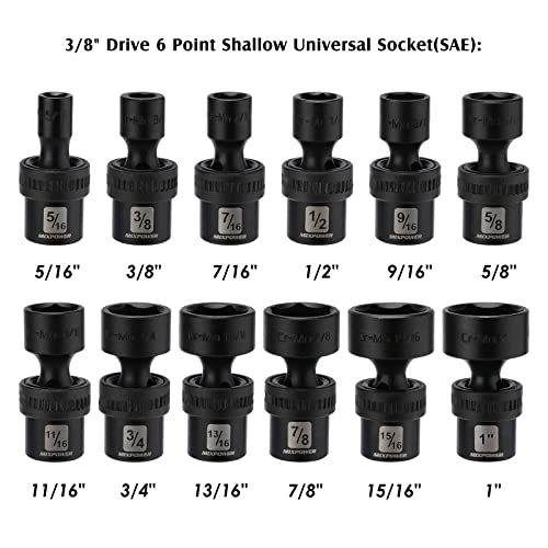 MIXPOWER 3/8" Drive Shallow Impact Universal Joint Swivel Socket Set, SAE, 5/16" - 1", Shallow, Flexible Wobble, Chrome Molybdenum Steel, 12 Pieces Set - size: 12 Pcs SAE 3/8'' Dr. (Shallow)