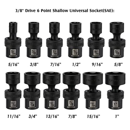 MIXPOWER 3/8" Drive Shallow Impact Universal Joint Swivel Socket Set, SAE, 5/16" - 1", Shallow, Flexible Wobble, Chrome Molybdenum Steel, 12 Pieces Set - size: 12 Pcs SAE 3/8'' Dr. (Shallow)