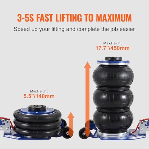 VEVOR Air Jack, 3 Ton/6600 lbs Triple Bag Air Jack, Airbag Jack with Six Steel Pipes, Lift up to 17.7", 3-5 s Fast Lifting Pneumatic Jack, with Adjustable Long Handles for Cars